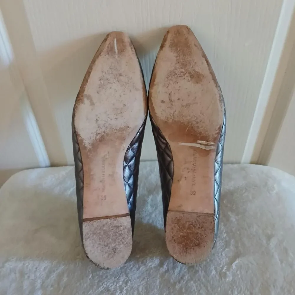 Manolo Blahnik Giungla Silver Quilted Leather Square Toe Ballet Flats 39 Luxury - Picture 7 of 8